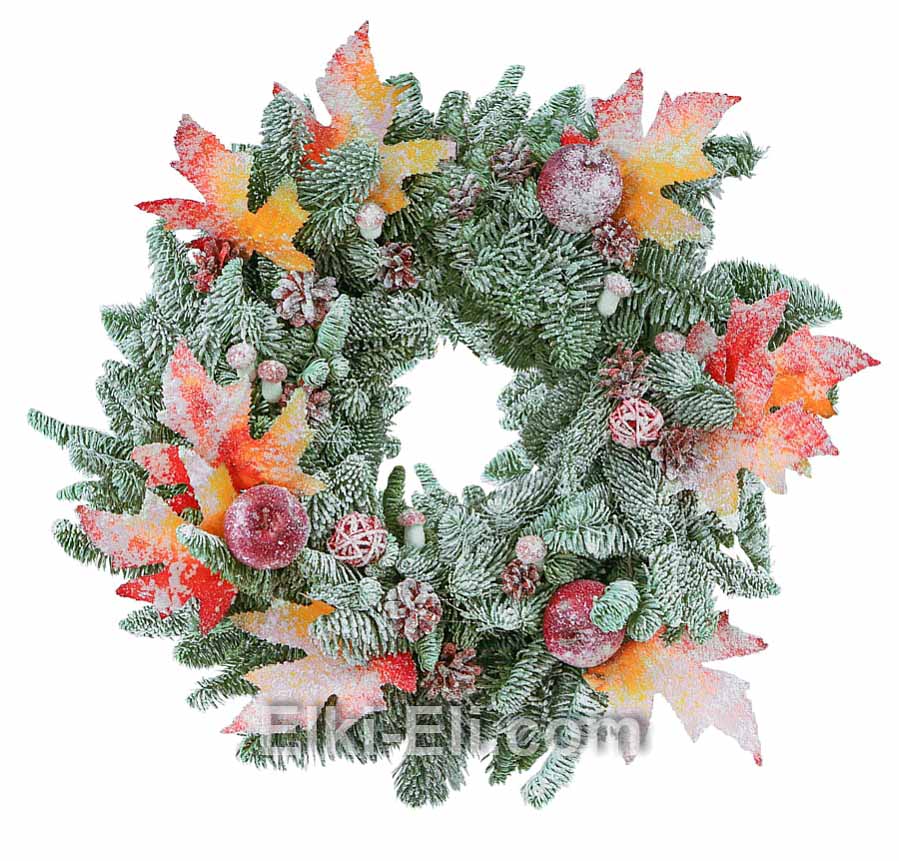 Новогодний подвесной венок "Первый снег" из лапника Пихты Нобилис, украшенный гирляндой и снегом, фото