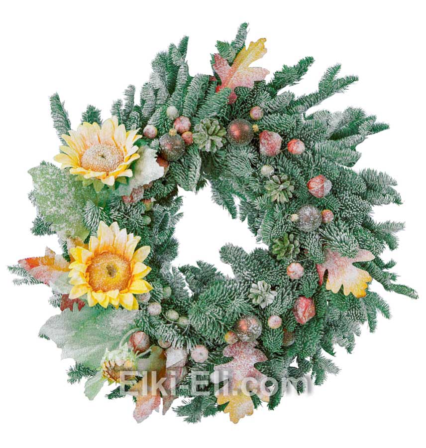 Новогодний подвесной венок "Подарки к рождеству" из лапника Пихты Нобилис, украшенный снегом, фото