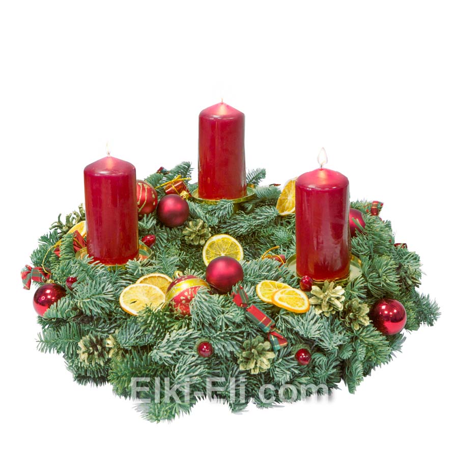 Новогодний венок "Магия рождества" из лапника Пихты Нобилис со свечами (цвет:красный), фото