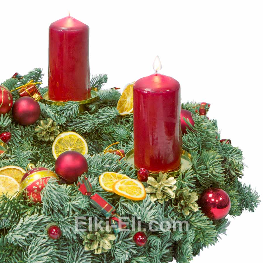 Новогодний венок "Магия рождества" из лапника Пихты Нобилис со свечами (цвет:красный), хвоя, фото