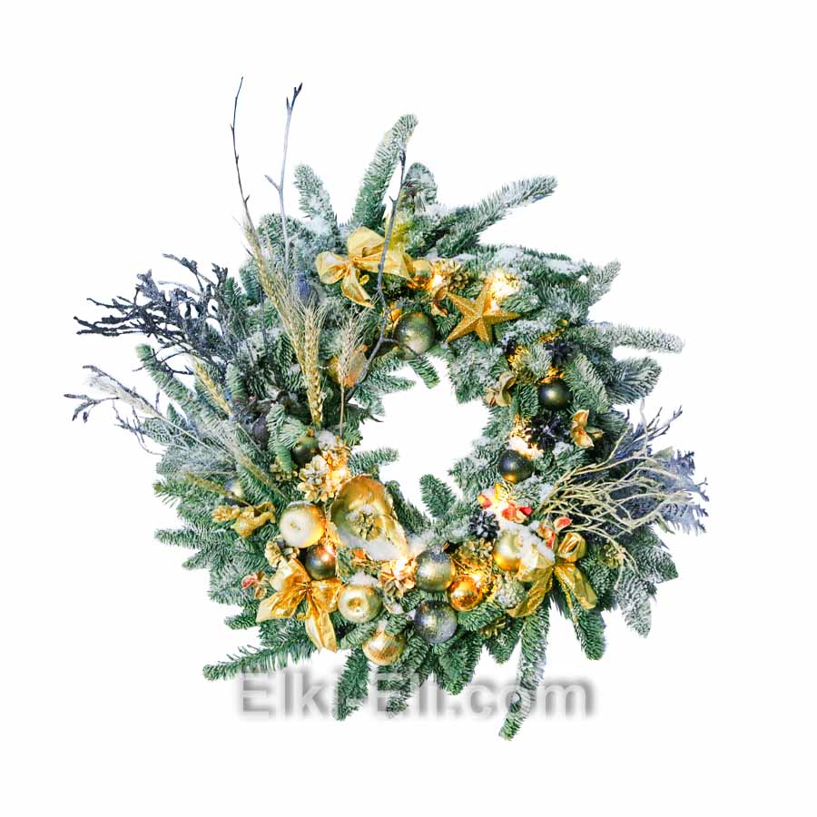 Новогодний подвесной венок "Новогодняя фантазия" из лапника Пихты Нобилис, украшенный гирляндой и снегом, фото