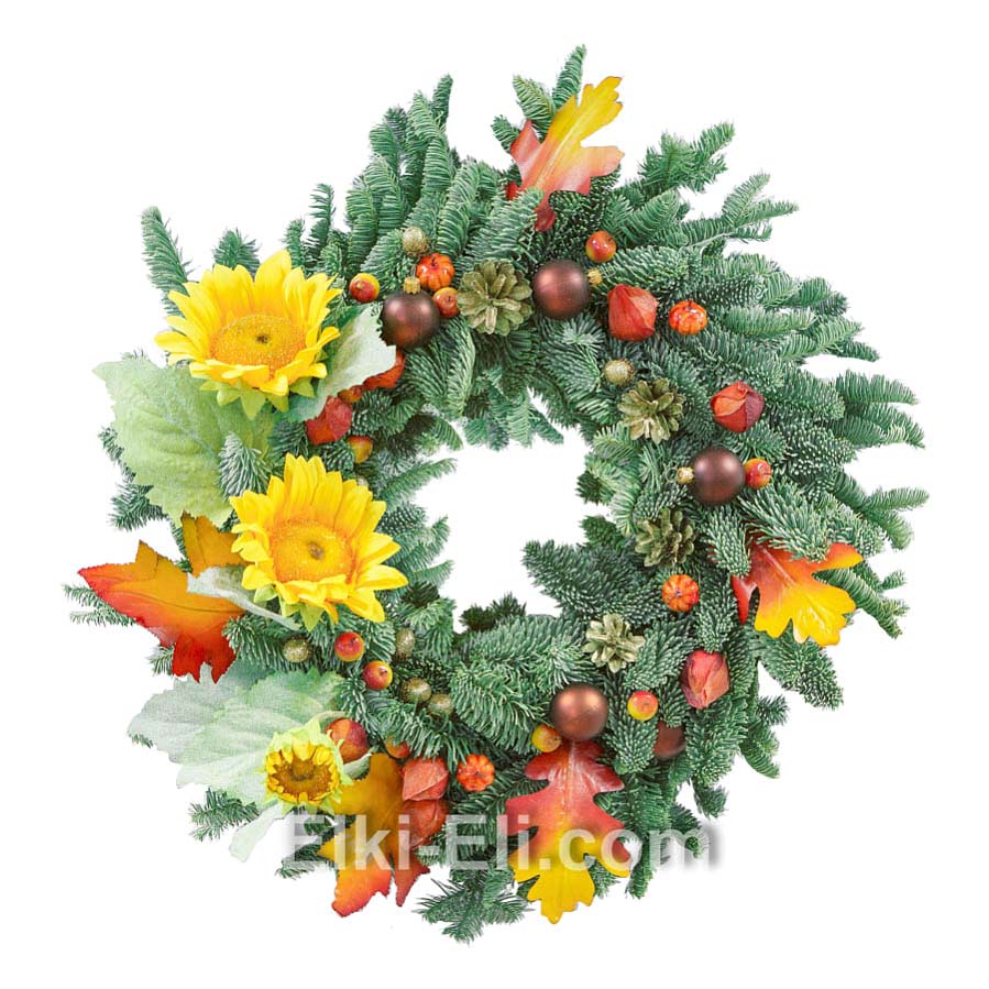 Новогодний подвесной венок "Подарки к рождеству" из лапника Пихты Нобилис, украшенный снегом, фото