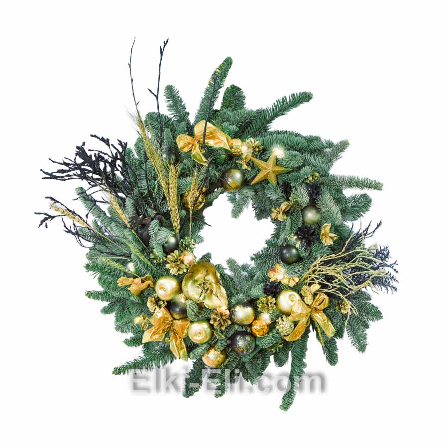 Новогодний подвесной венок "Новогодняя фантазия" из лапника Пихты Нобилис, украшенный гирляндой, фото