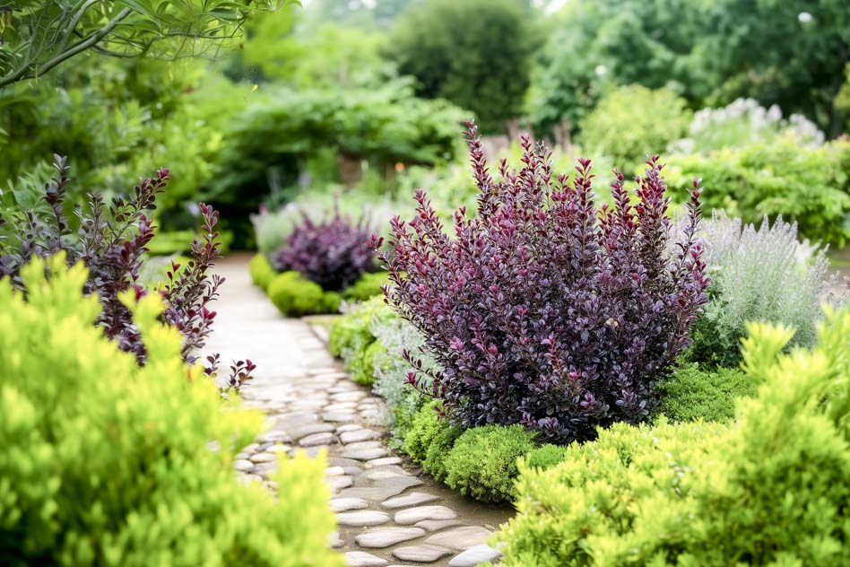 Барбарис Тунберга 'Chocolate Summer' в ландшафтной композиции