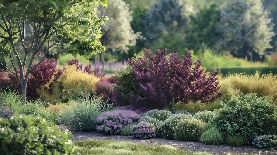 Барбарис Тунберга ‘Rose Glow’ в миксбордере