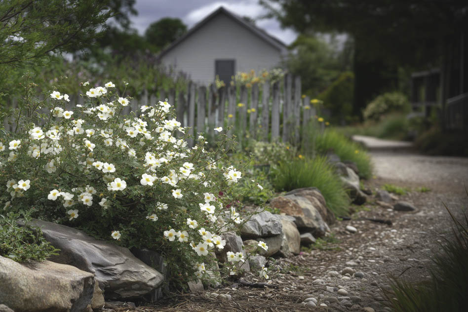 Лапчатка кустарниковая Abbotswood в ландшафтной композиции Лапчатка кустарниковая Abbotswood в ландшафтной композиции