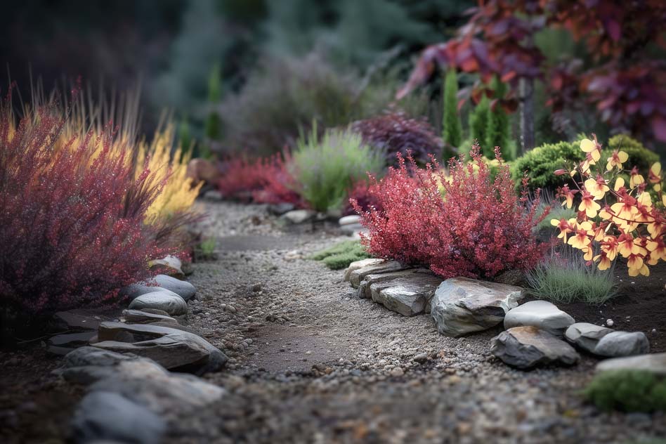 Барбарис Тунберга ‘Rose Glow’ в ландшафтной композиции