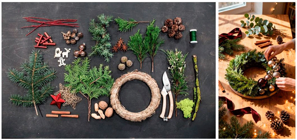 Элементы декора и лапника для создания рождественского венка.