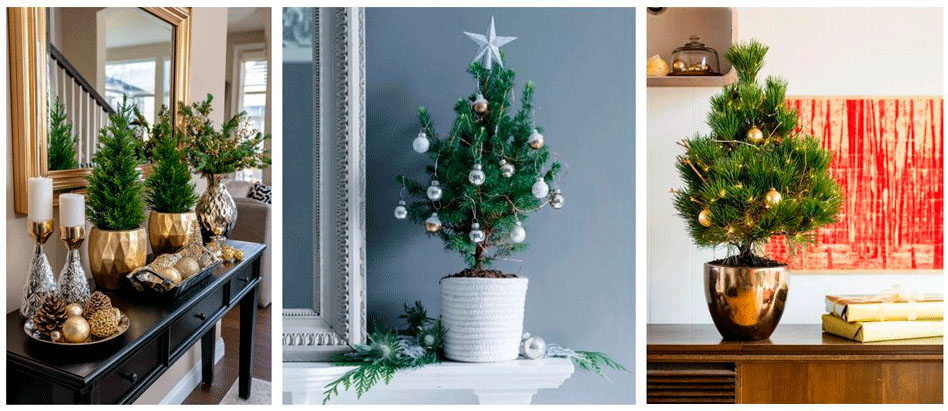 Праздничный декор и украшения подчеркивают необычность и красоту маленького новогоднего деревца.