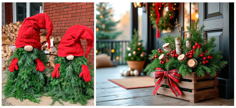 Оригинальный уличный новогодний декор из елового лапника.