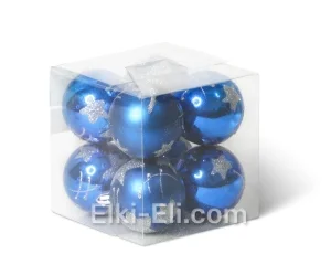 Коробки (кубы) Игрушки новогодние шары (6 шт, синий), глянцевые и матовые, звезды, ⌀ 5,5 см, фото