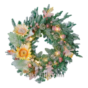 Новогодний подвесной венок "Подарки к рождеству" из лапника Пихты Нобилис с гирляндой и снегом, фото